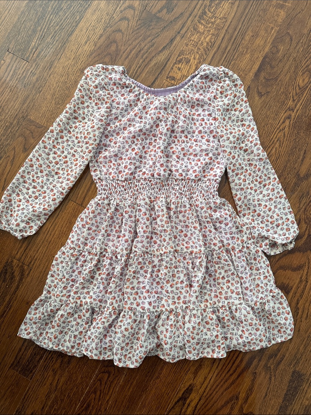 Girls' Cream Floral Tiered Long-Sleeve Dress